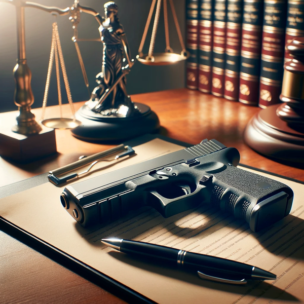 Firearm sitting on desk next on a clipboard, next to a pen